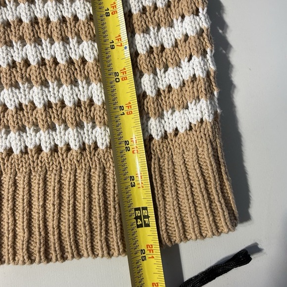 Loft Sweater WM Tan/white Stripe Open Knit Long Sleeve Chic Artisanal Classic - Picture 12 of 13